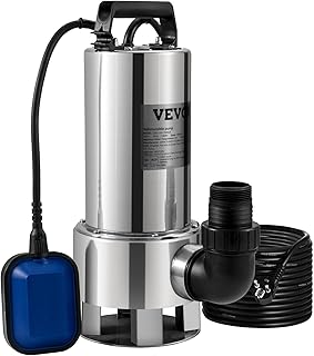 VEVOR Pompe de Relevage Eaux Chargées 1300 W Pompe d’Évacuation pour Eaux Chargées, 333,3 L/min Pompe Immergée Vide Piscine Cave Fosse Septique avec Adaptateur de Décharge pour Pomper Eaux Sales Usées