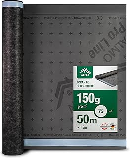 ALMO Écran de sous-toiture ouvert à la diffusion UV 75m² (1,5m x 50m), écran pare pluie pour façade, 150g/m², lé de sous-toiture, hydrofuge & résistant aux UV avec joint autocollant intégré