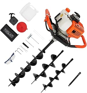 Tarière à essence 52 cc avec 3 forets (100/150/200 mm) | Profondeur de perçage 1,98 CV & 108 cm | Économie de carburant 600 g/kWh + amortissement des vibrations | Avec rallonge et kit d